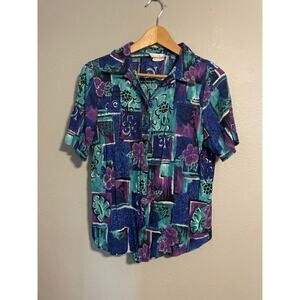 Vintage Womens Top Size Medium Blue Floral Rayon Blend Button Up Artsy Boho 90s